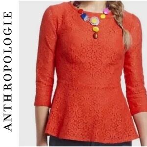 Moulinette Soeurs Coral Red Eyelet Lace Crewneck Ruffle Peplum 3/4 Sleeve Blouse